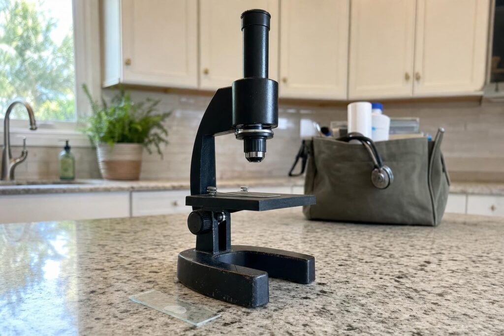 Portable microscope and veterinary bag set up on a home kitchen counter for an in-home skin cytology test