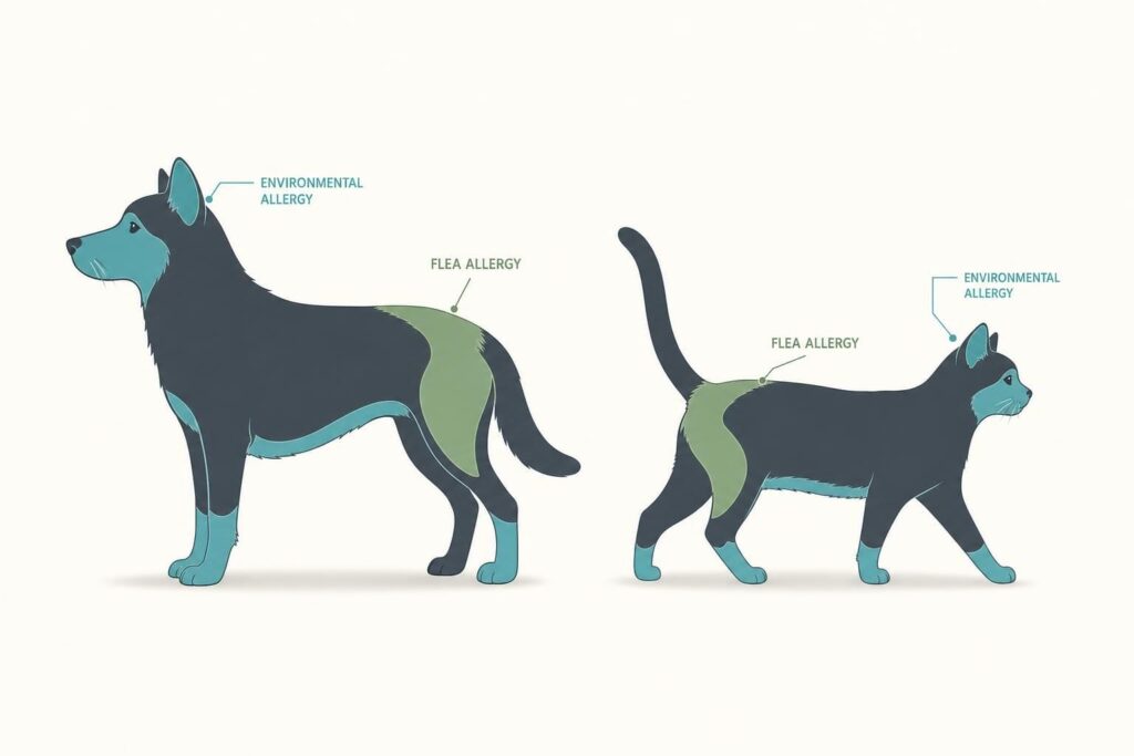 Diagram of a dog and cat silhouette showing flea allergy zones on the back half and environmental allergy zones on the face, feet, belly, and ears
