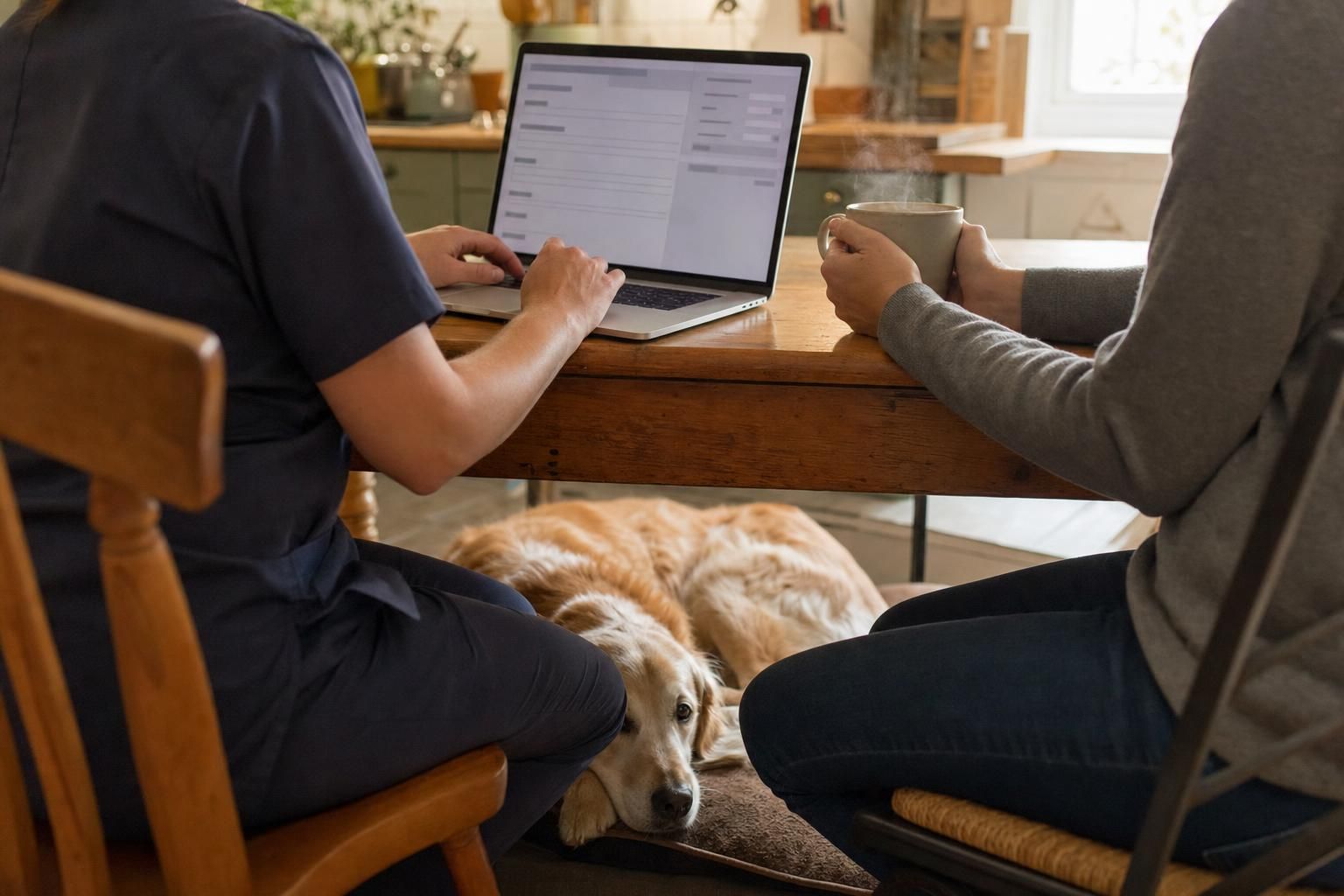 Veterinary professional completing pet microchip registration on a laptop at a client's kitchen table