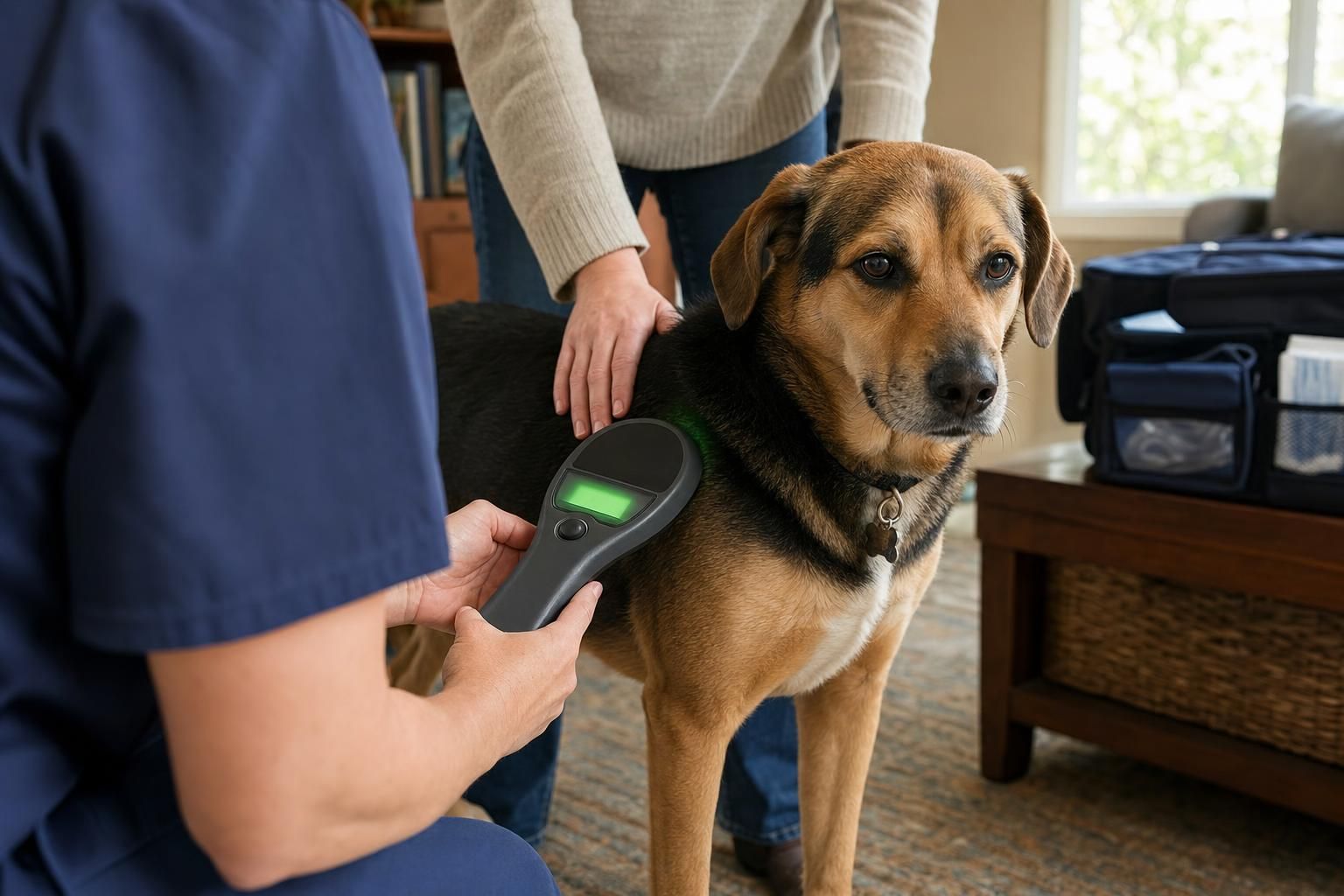 Veterinary technician scanning a dog's microchip with a handheld scanner during an in-home visit