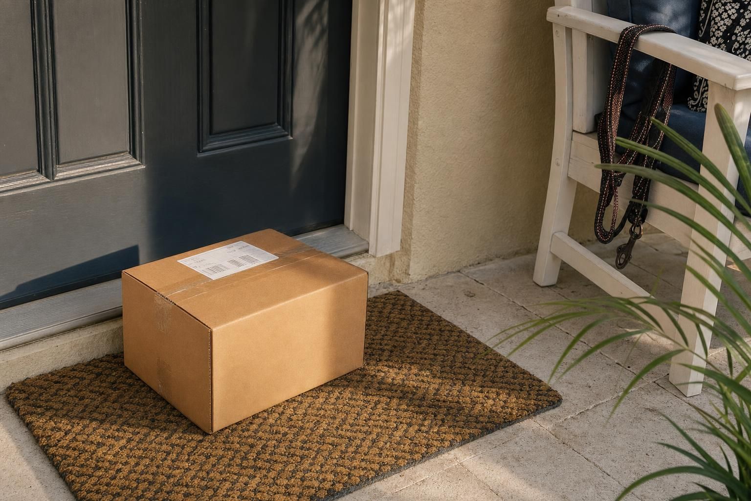 Cardboard delivery box with shipping label on a home doorstep mat with a dog leash draped over a porch chair