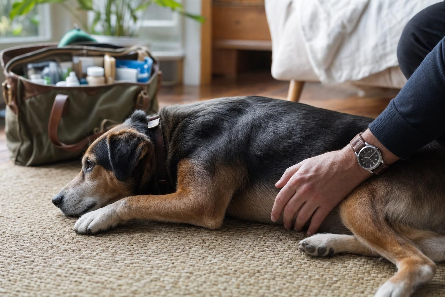 Veterinary team member watching over a calm dog during the post-vaccination monitoring period at home