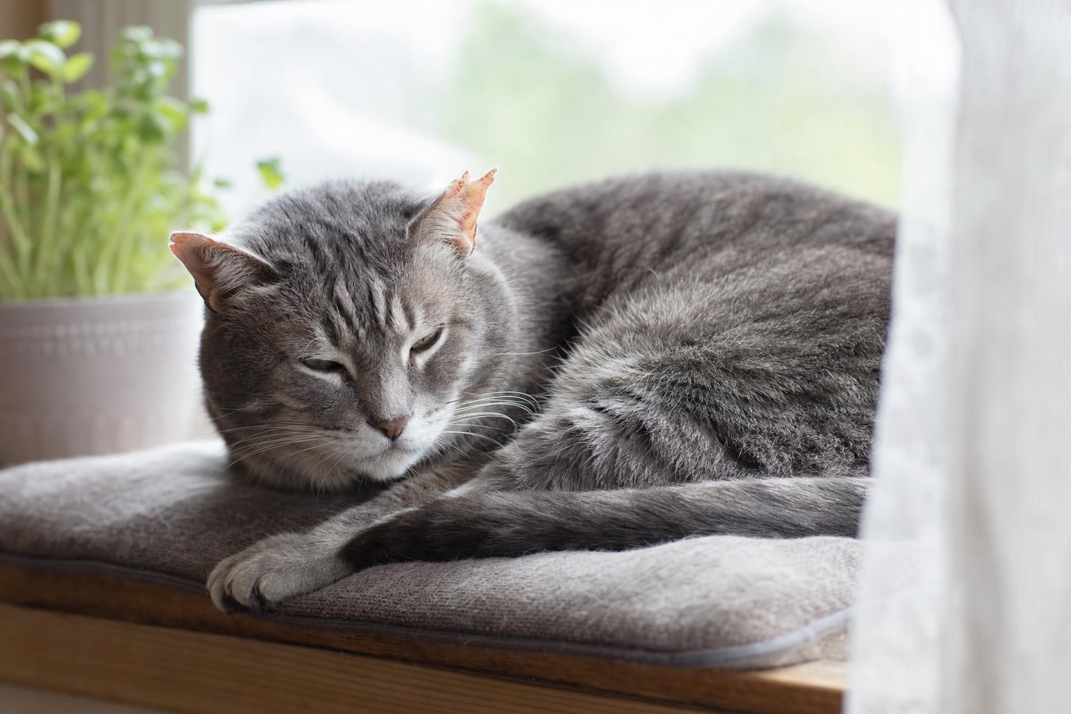 Senior gray tabby cat resting peacefully on a sunlit windowsill cushion at home in West Palm Beach