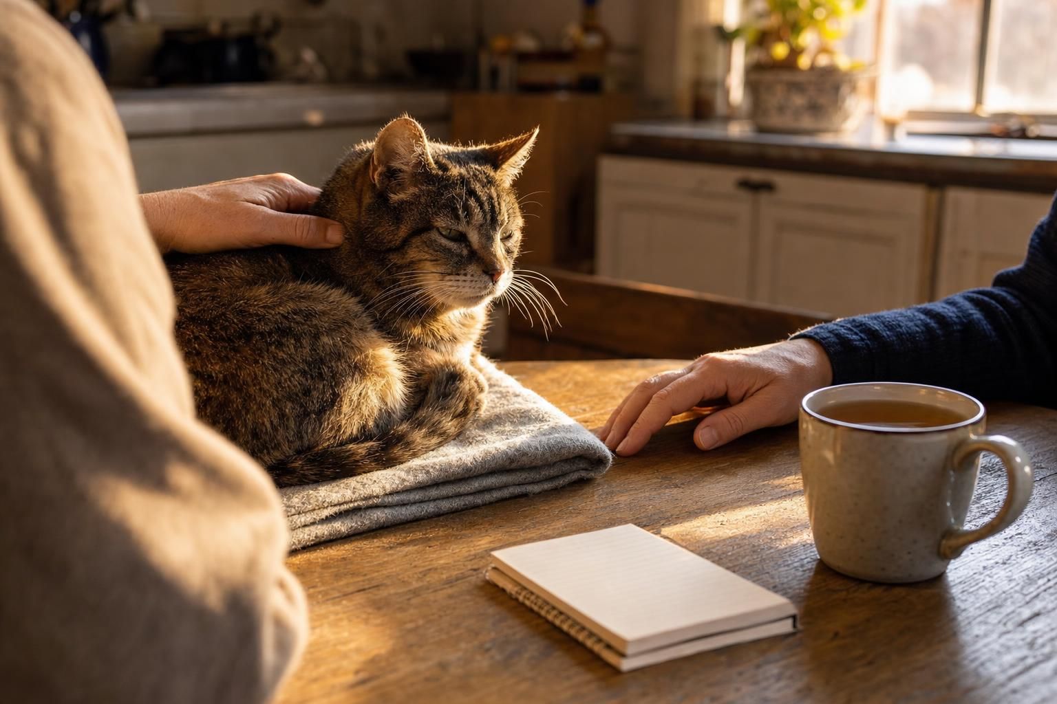 Hands of a pet owner and veterinarian resting near a calm senior cat at a home kitchen table, representing continuity of care
