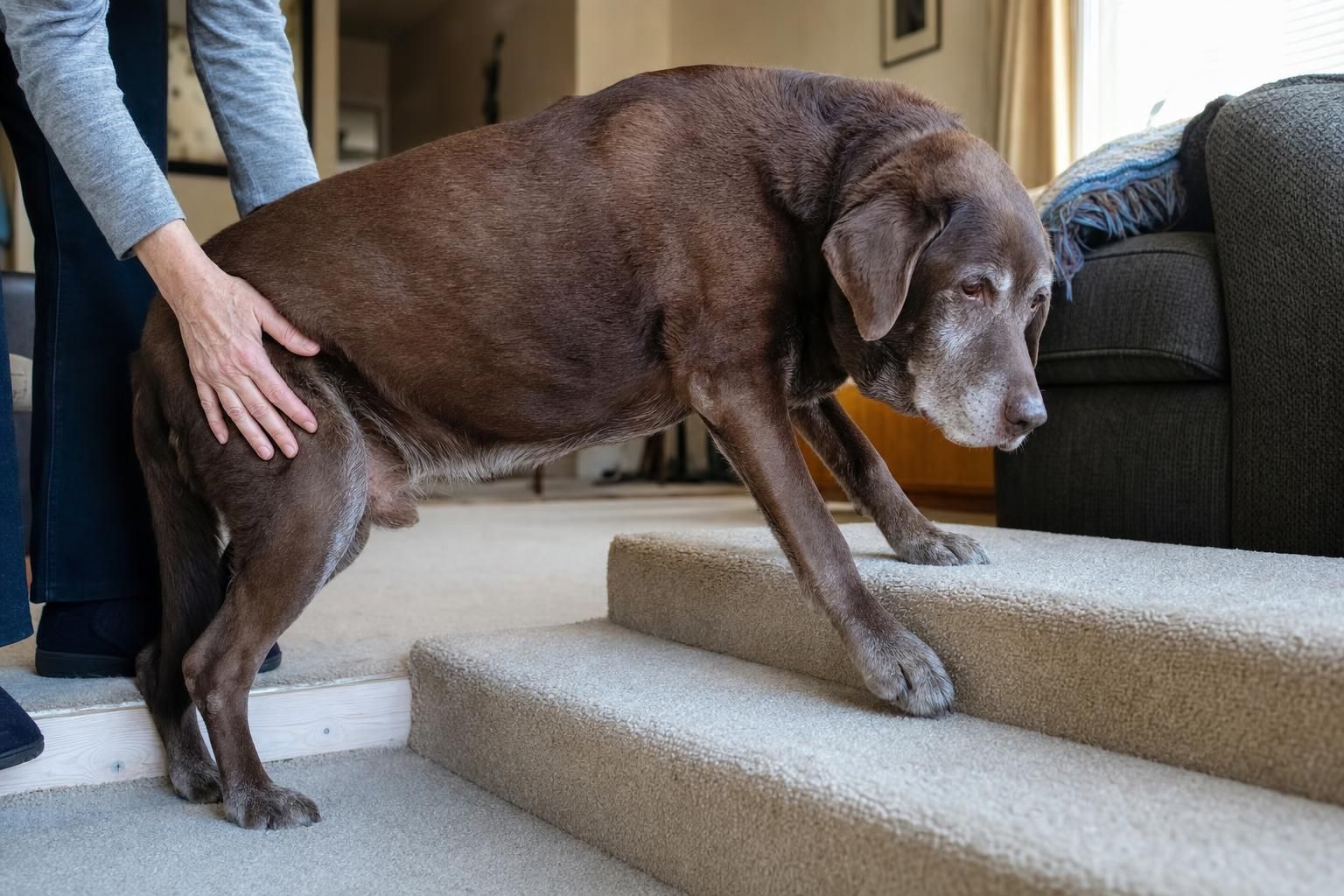 Senior dog gently supported while navigating steps at home during a mobility and pain assessment in West Palm Beach