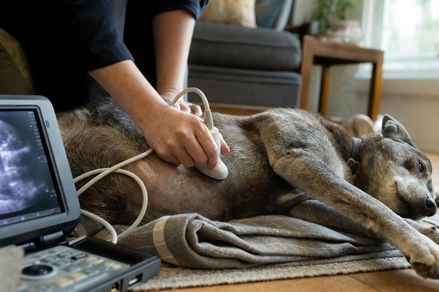 Veterinary technician using a portable ultrasound unit on a senior dog during an in-home visit in West Palm Beach
