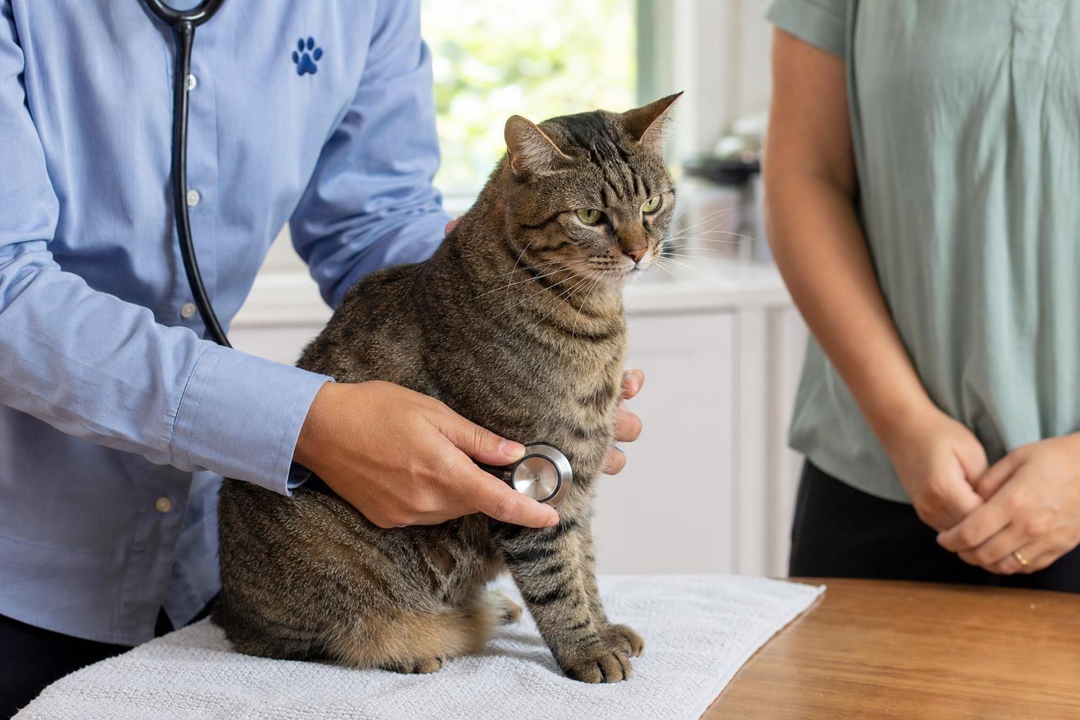 Veterinarian's hands performing a pre-surgical health check on a cat before spay surgery at home