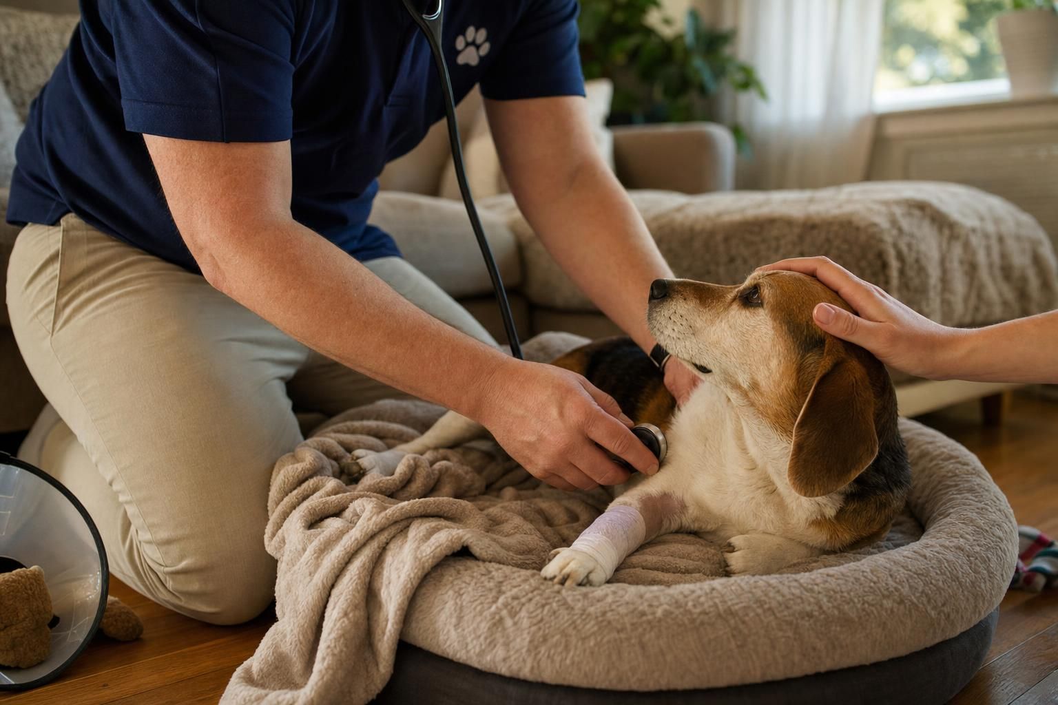Veterinarian's hands checking on a dog recovering at home after spay surgery in West Palm Beach