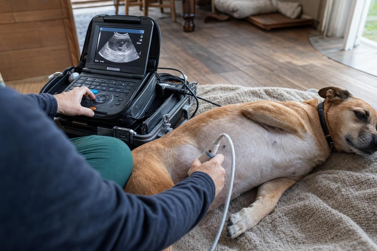 Mobile veterinarian using a portable ultrasound machine on a dog during a Wellington house call