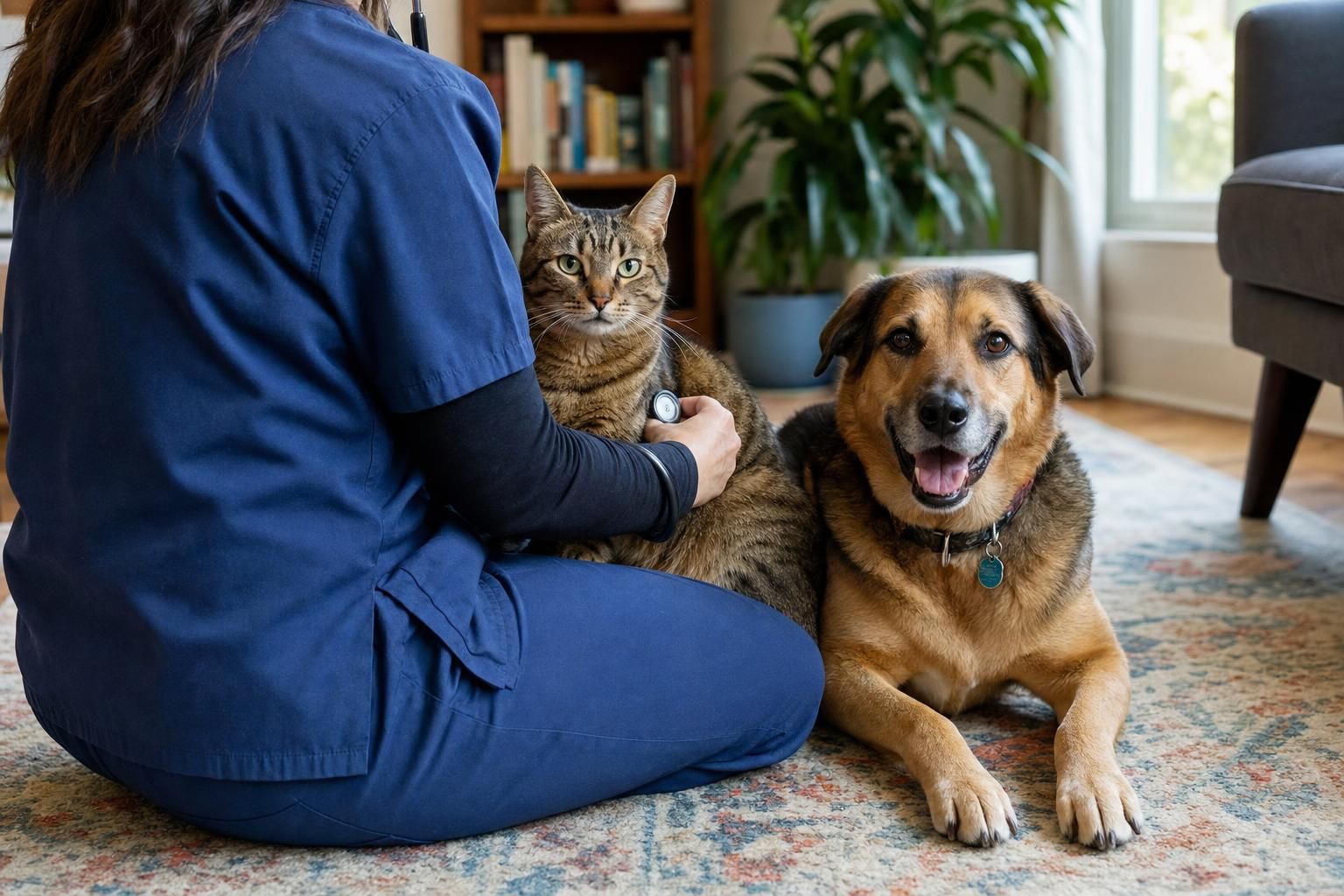Mobile veterinarian examining a cat and dog together during a single Wellington house call